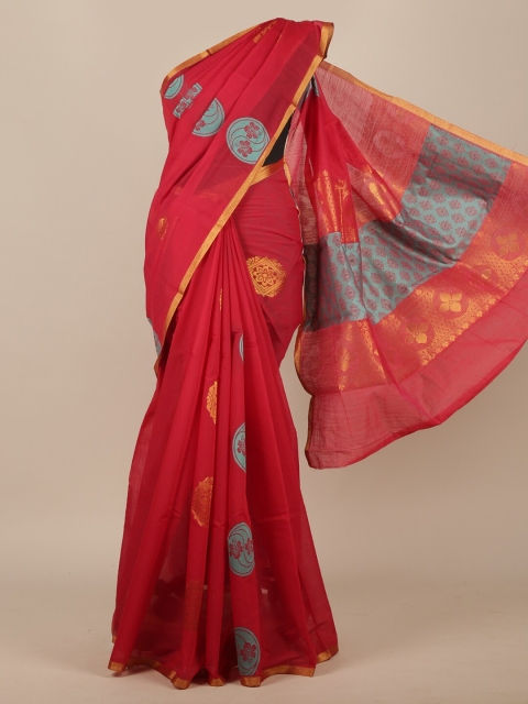 

Pothys Red & Blue Floral Zari Pure Cotton Saree