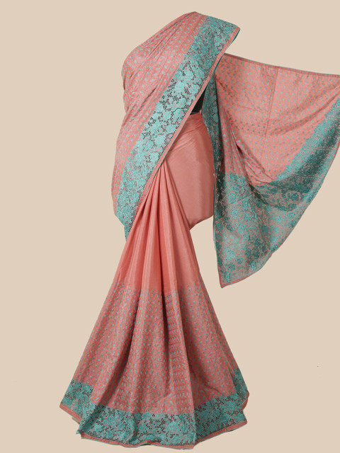 

Pothys Peach & Turquoise Blue Floral Schiffli Jute Silk Half and Half Saree