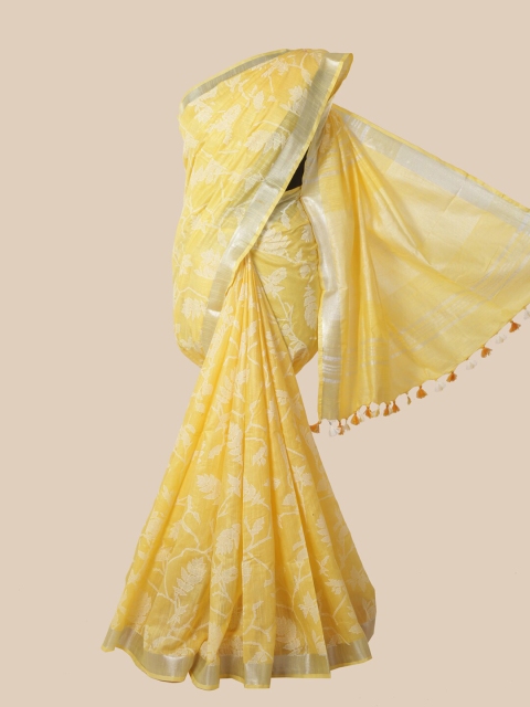 

Pothys Yellow & White Floral Zari Jute Cotton Saree