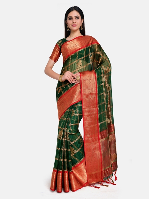 

MIMOSA Green & Red Ethnic Motifs Zari Organza Banarasi Saree