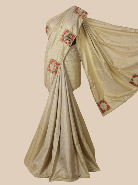 

Pothys Cream & Red Embroidered Jute Silk Saree