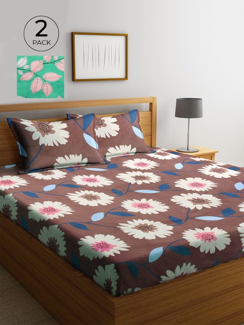 

KLOTTHE Green & Brown Floral 210 TC 2 King Bedsheet with 4 Pillow Covers
