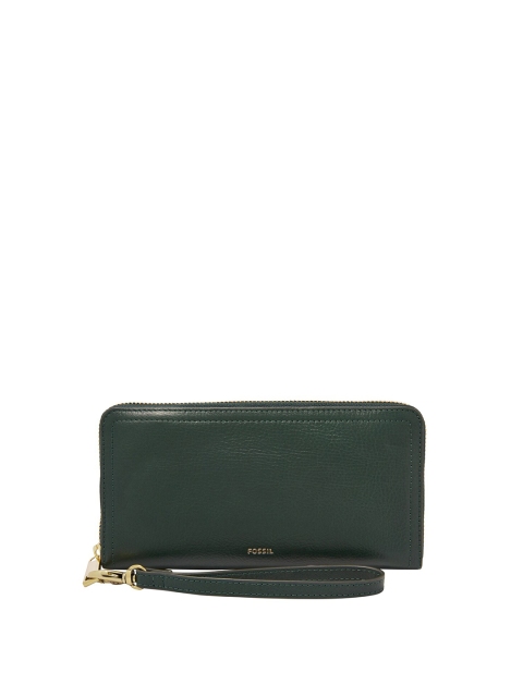 

Fossil Women Green Solid Leather Zip Around Wallet with Wrist Loop