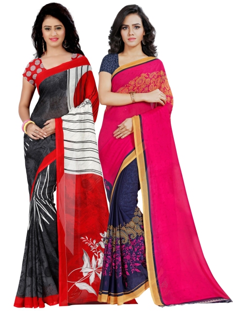 

KALINI Pack of 2 Grey & Pink Ethnic Motifs Poly Georgette Saree