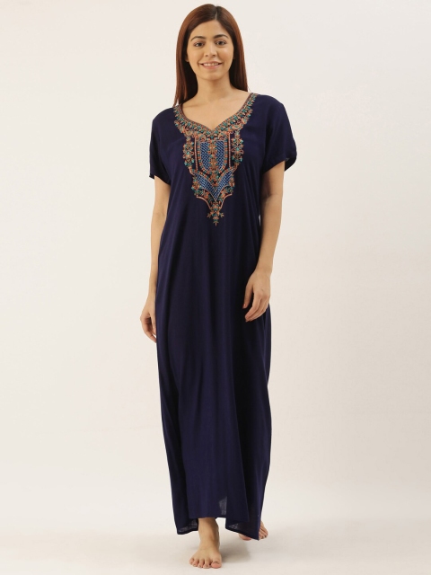 

Bannos Swagger Women Blue Yoke Embroidered Nightdress, Navy blue