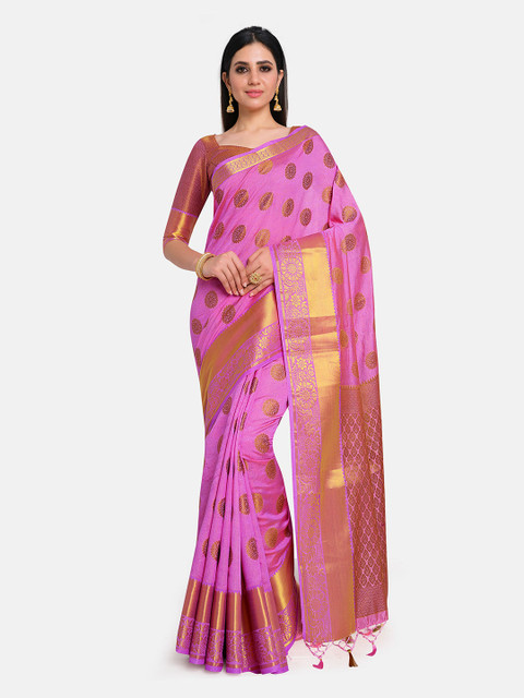 

MIMOSA Pink & Gold-Toned Woven Design Zari Art Silk Kanjeevaram Saree