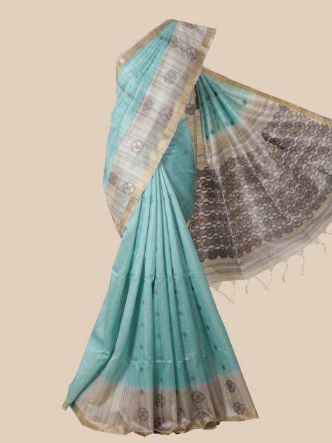 

Pothys Blue & Brown Floral Zari Jute Silk Saree