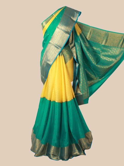 

Pothys Yellow & Green Ethnic Motifs Zari Pure Silk Mysore Silk Saree