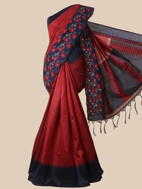 

Pothys Maroon & Navy Blue Floral Embroidered Jute Silk Saree