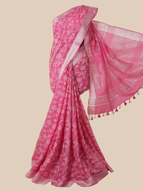 

Pothys Pink & White Floral Zari Jute Cotton Saree