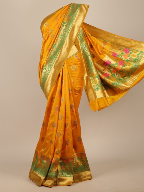 

Pothys Yellow & Green Floral Zari Jute Silk Saree