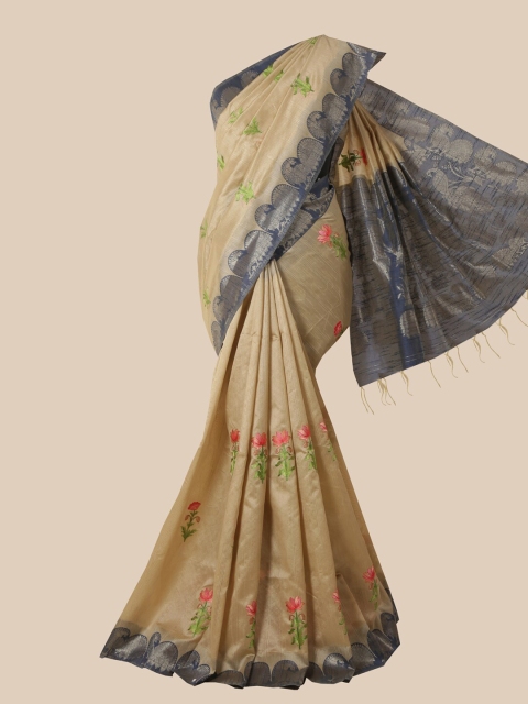 

Pothys Cream Floral Embroidered Jute Cotton Heavy Work Saree