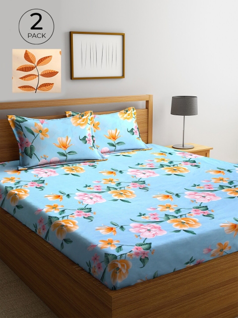 

KLOTTHE Beige & Blue Floral 210 TC 2 King Bedsheet with 4 Pillow Covers