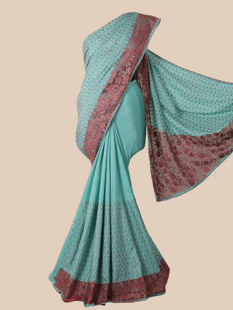 

Pothys Turquoise Blue & Pink Floral Embroidered Jute Silk Saree