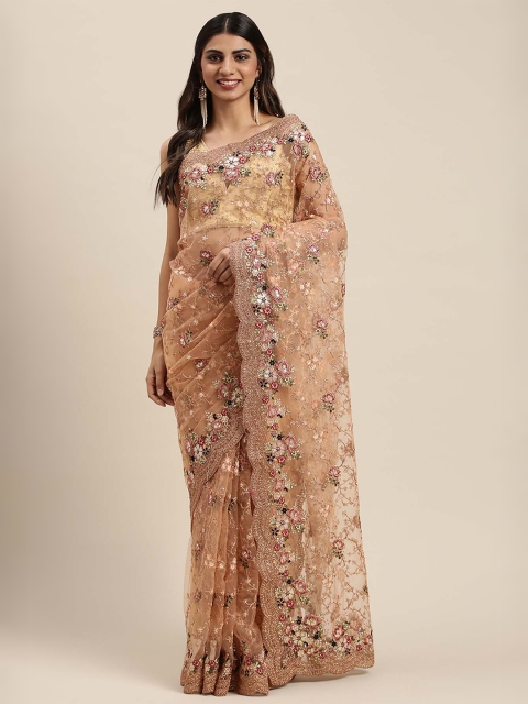 

Soch Peach & Rose Gold Floral Embroidered Net Saree