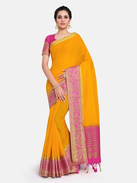 

MIMOSA Mustard & Pink Zari Linen Blend Banarasi Saree