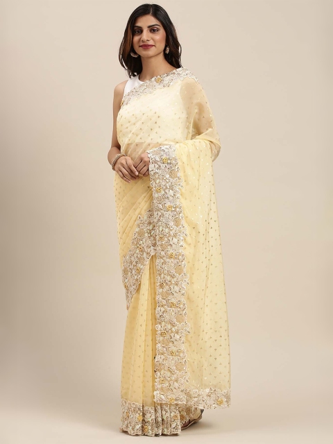 

Soch Yellow & White Ethnic Motifs Sequinned Organza Saree
