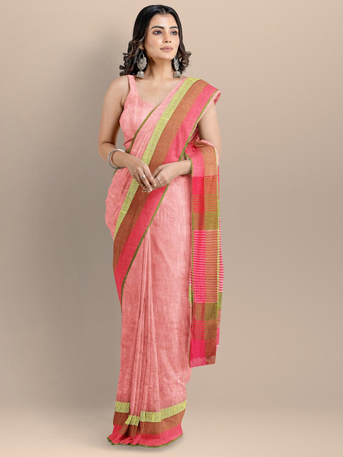 

BharatSthali Pink & Brown Pure Cotton Maheshwari Saree