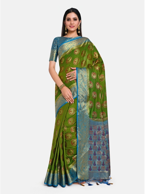 MIMOSA Olive & Blue Ethnic Motifs Zari Art Silk Kanjeevaram Saree