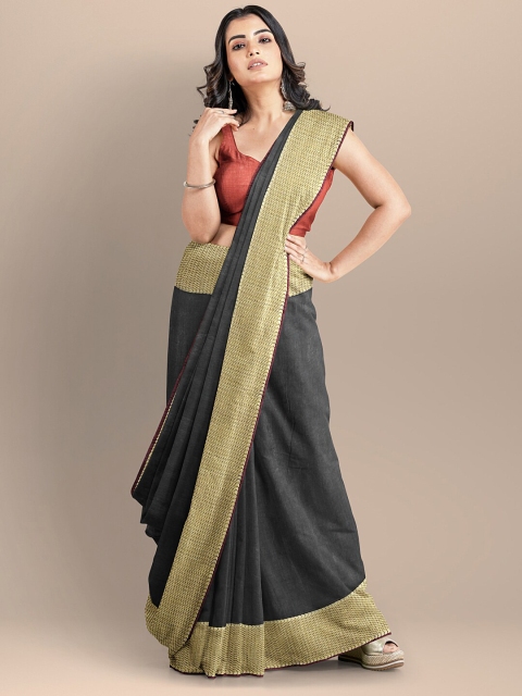 

BharatSthali Black & Gold-Toned Zari Silk Cotton Mangalagiri Saree