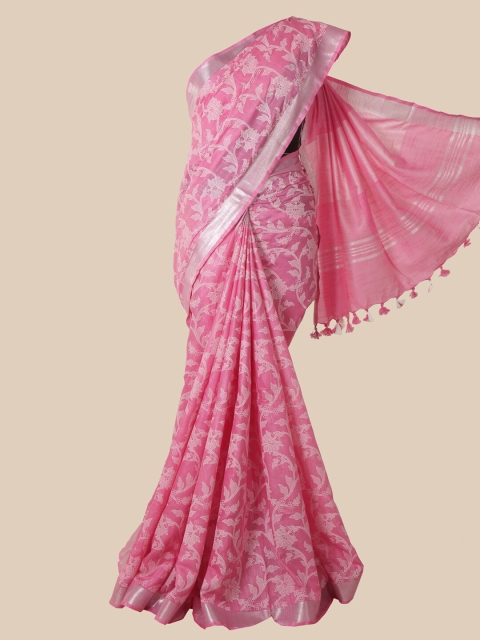 

Pothys Pink & White Floral Zari Jute Cotton Saree