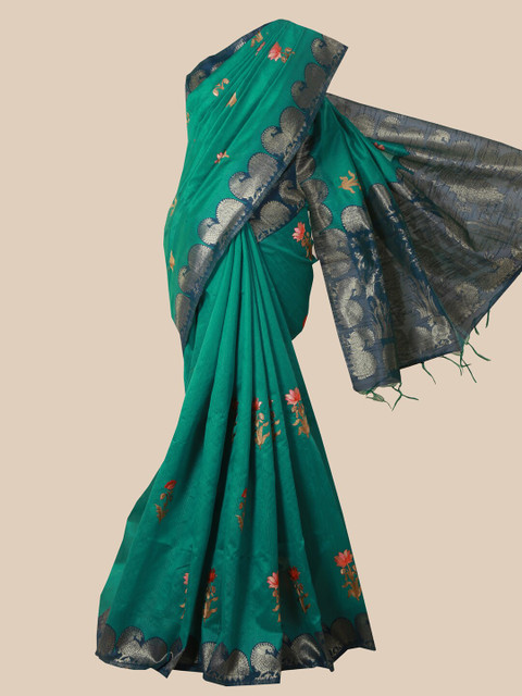 

Pothys Green & Blue Floral Zari Jute Cotton Saree