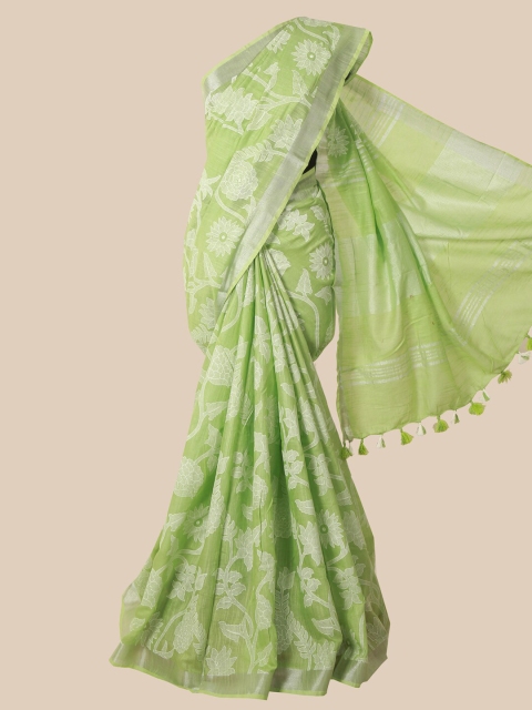 

Pothys Green & White Floral Jute Cotton Saree