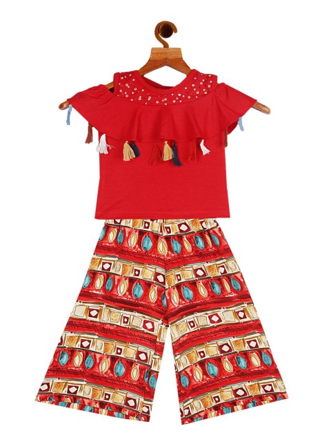 

Tiny Girl Girls Red & Blue Embellished Top with Palazzos
