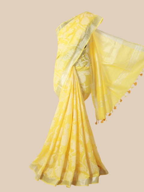 

Pothys Yellow & White Floral Zari Jute Cotton Saree