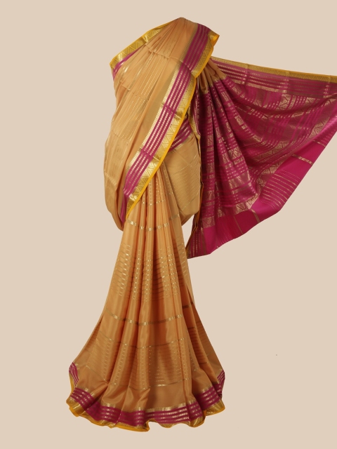 

Pothys Mustard & Pink Striped Zari Pure Silk Mysore Saree