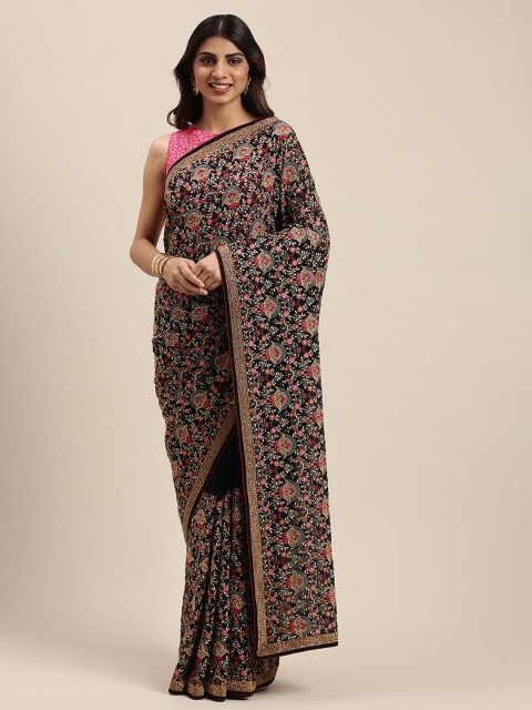 

Soch Navy Blue & Gold-Toned Floral Embroidered Embellished Pure Georgette Saree