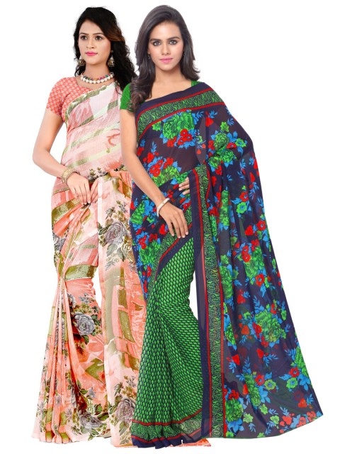 

KALINI Pack Of 2 Peach & Navy Blue Floral Sarees