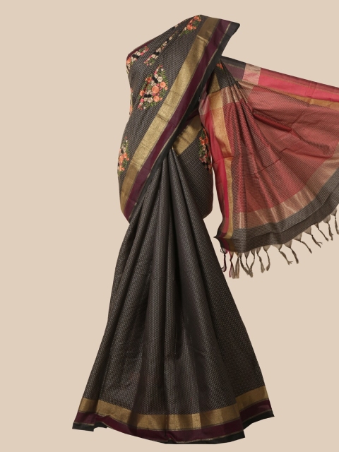 

Pothys Black & Peach-Coloured Floral Embroidered Jute Silk Saree