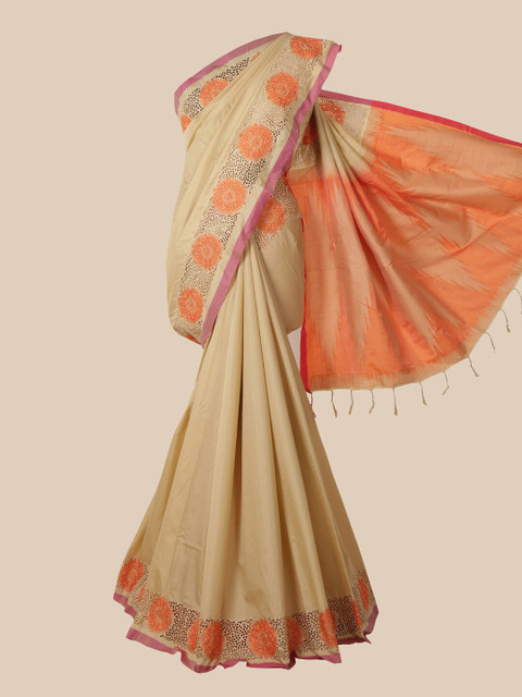 

Pothys Cream & Orange Floral Jute Silk Saree
