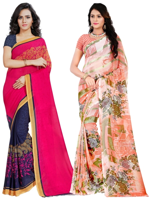 

KALINI Pink & Blue Pack of 2 Floral Saree