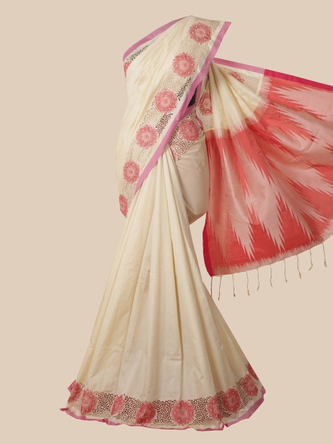 

Pothys Cream & Peach-Coloured Jute Silk Saree