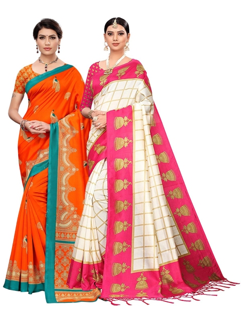 

KALINI Women Orange & Pink Art Silk Pack of 2 Printed Saree
