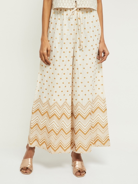 

max Women Cream & Gold-Toned Printed Flared Palazzos