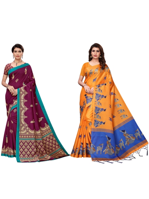 

KALINI Pack of 2 Orange & Burgundy Ethnic Motifs Art Silk Saree