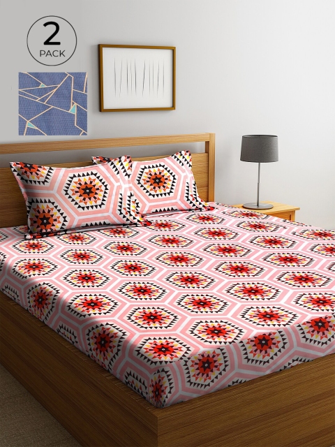 

KLOTTHE Navy Blue & Pink Geometric 210 TC 2 King Bedsheet with 4 Pillow Covers
