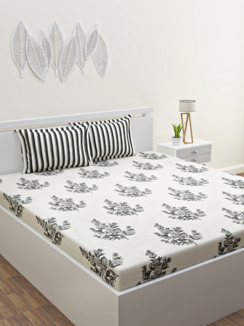 

HOME AFFAIRS White & Black Floral 180 TC King Bedsheet with 2 Pillow Covers