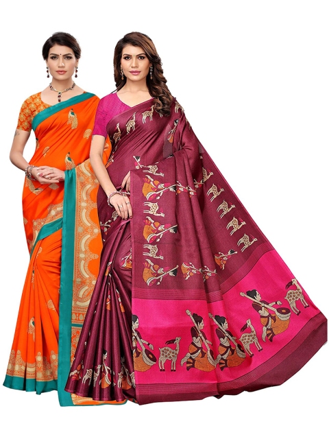 

KALINI Pack of 2 Magenta & Orange Ethnic Motifs Art Silk Saree