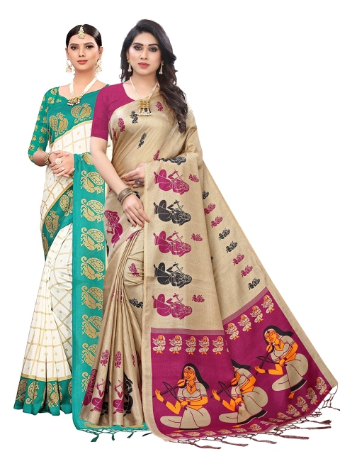 

KALINI Off Pack Of 2 White & Green Ethnic Motifs Art Silk Saree, Off white