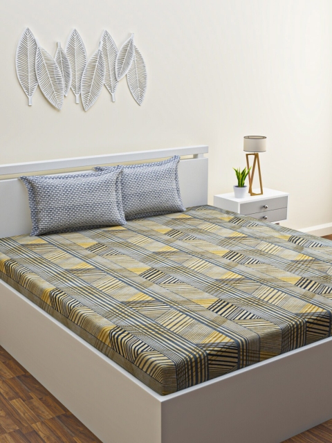 

HOME AFFAIRS Yellow & Blue Geometric 180 TC King Bedsheet with 2 Pillow Covers