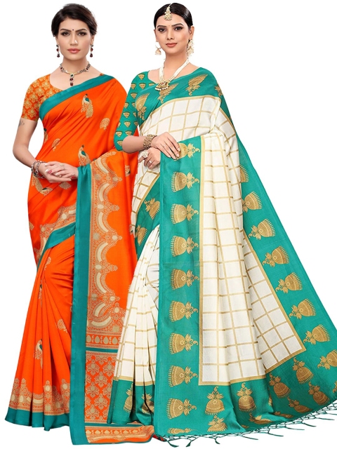 

KALINI Women Orange & Green Art Silk Pack of 2 Printed Saree