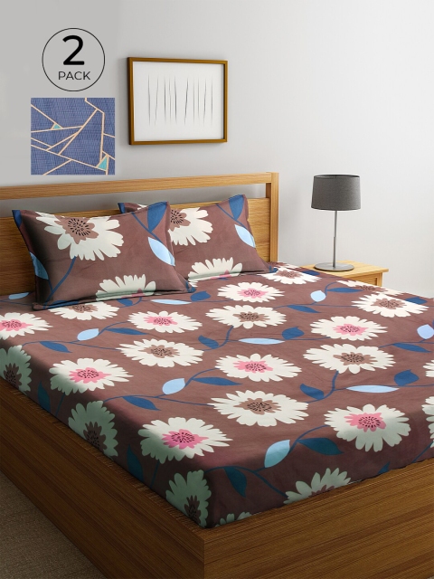 

KLOTTHE Blue & Brown Floral 210 TC 2 King Bedsheet with 4 Pillow Covers