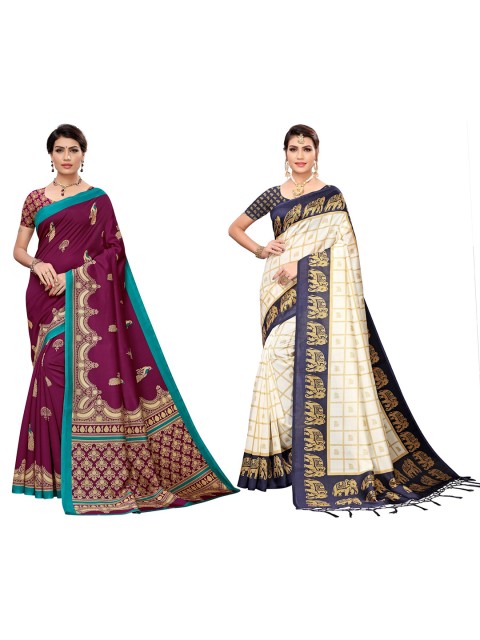 

KALINI Women Magenta & Navy Blue Art Silk Pack of 2 Printed Saree