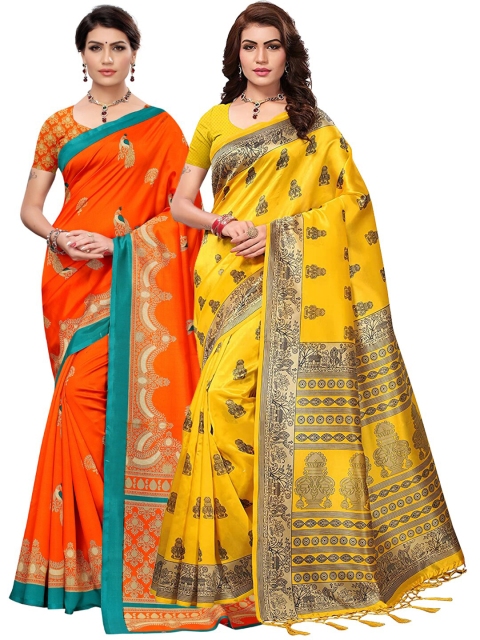 

KALINI Pack Of 2 Yellow & Orange Ethnic Motifs Art Silk Saree