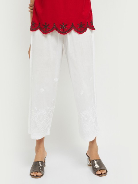 

max Women White Embroidered Elasticated Palazzos