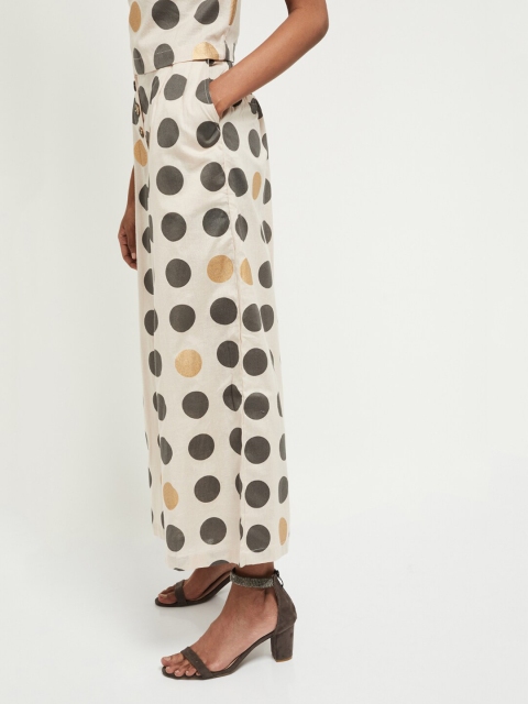 

max Women Off White Polka Dots Printed Cotton Wide Leg Fit Palazzos
